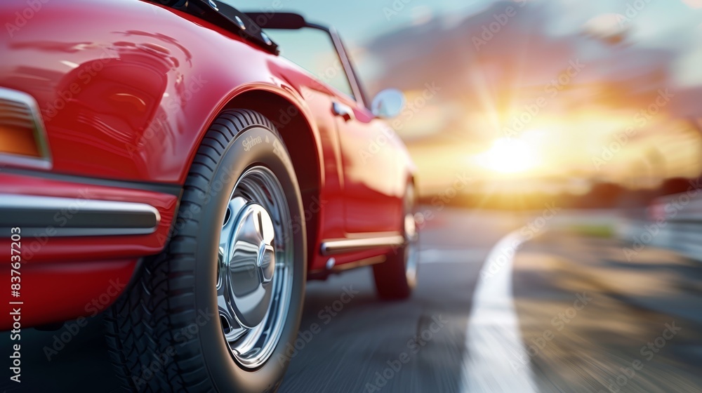 Sticker  A red car's close-up drives on a road Sun rays pierce distant clouds, creating a hazy depiction of the car's rear end