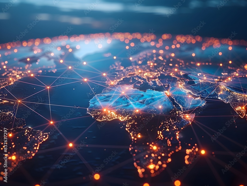 Poster interconnected digital network map showcasing global business and communication
