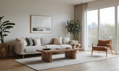 Fototapeta premium Tranquil, well-lit contemporary living room with a comfortable sofa, wooden furnishings, and indoor plants creating a cozy atmosphere
