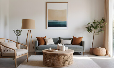 Minimalist living room featuring a comfortable green sofa, stylish artwork, natural light, and calming neutral color tones for cozy ambiance
