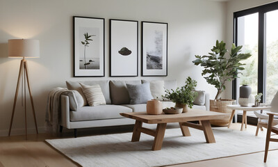 Fototapeta premium Contemporary living room with an elegant interior design, neutral color palette, natural light, and lush green plants