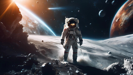 Artistic illustration. Futuristic space landscape. Fantastic planets and stars in outer space. An astronaut on the surface of the planet in the center