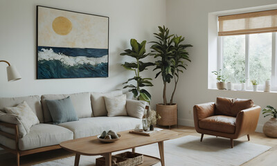 Elegant living room interior with a cozy couch, stylish armchair, plant decor, and abstract ocean painting on a serene wall