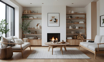 Clean and serene modern living room featuring a lit fireplace, wooden furniture, and tastefully arranged decor with a cozy ambiance
