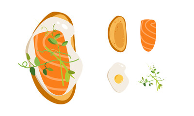 Egg, microgreen and salmon toast. Delicious sandwich made of fresh toasted bread smoked lox. Seasoning and dill on top. Hand drawn vector illustration.