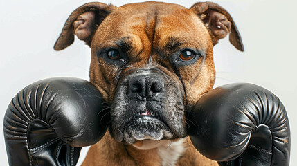 Obraz premium Cute dog with angry face wearing big black boxing gloves isolated on white background