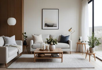 Inviting and chic living space adorned with neutral tones, cozy seating, greenery, and wall art