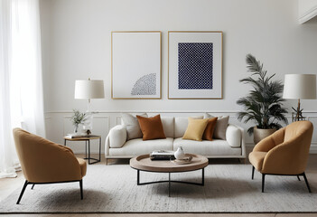 Chic living room with a beige sofa, mustard armchairs, elegant artwork, and decorative indoor plants in a modern, well-lit setting