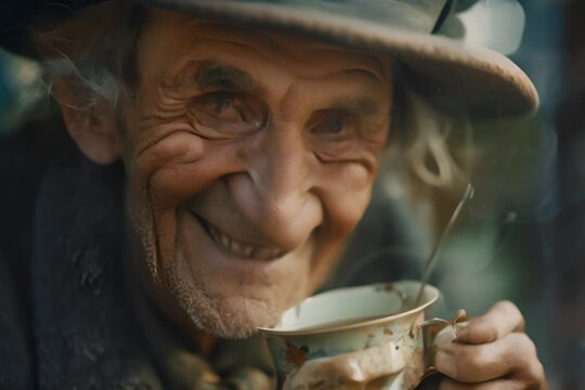 Old English Gentleman Drinking Tea, British Old Man Face, Portrait of a Typical Englishman on A Tea Break, Vintage Portrait, Generative AI Illustration