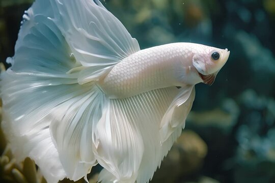 White Siamese Fighting Fish, Rosetail Halfmoon Aquarium Pet, White Betta Splendens in Fish Tank Closeup, Generative AI Illustration