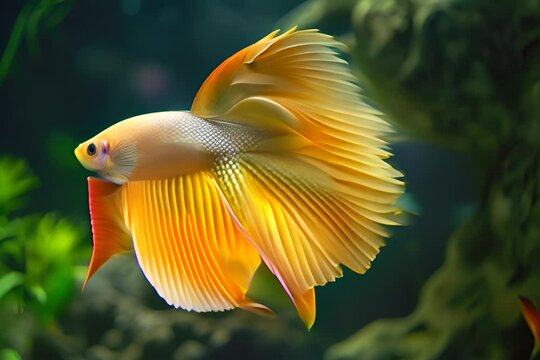 Yellow Siamese Fighting Fish, Rosetail Halfmoon Aquarium Pet, White Betta Splendens in Fish Tank Closeup, Generative AI Illustration