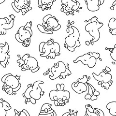 Cute kawaii elephant. Seamless pattern. Coloring Page. Cartoon funny characters. Hand drawn style. Vector drawing. Design ornaments.