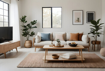Chic and sleek living room design featuring a cozy sofa, wooden accents, and expansive windows in a modern contemporary residence