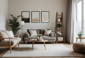 Inviting modern living room with a cozy couch, stylish wall art, and vibrant houseplants for a welcoming ambiance