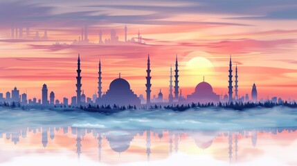 city skyline with tall buildings, large water body in foreground, cloudy sky, sun sinking in midst