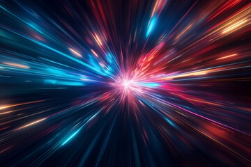 Dynamic burst of colorful lights in a dark space, creating an abstract and energetic visual effect. Ideal for backgrounds, technology themes, and futuristic designs.