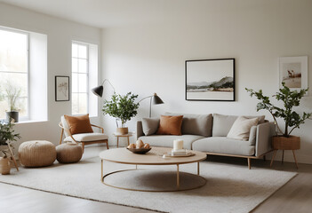 Chic and inviting living room with neutral tones, showcasing a plush sofa, wooden furnishings, and stylish indoor greenery