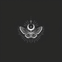 Minimalistic moth tattoo design with lunar elements on a dark background. Perfect for tattoo inspiration, mystical themes, and minimalist art lovers.