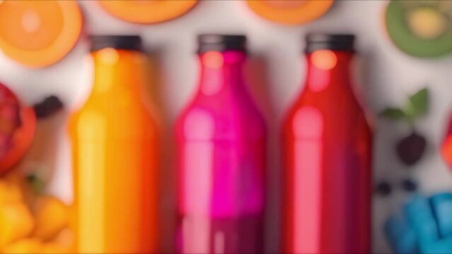 Vibrant cold-pressed juice bottles featuring natural ingredients on a white background. Concept Cold-Pressed Juices, Vibrant Bottles, Natural Ingredients, White Background