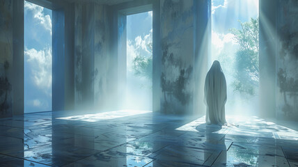 Shadow of Jesus in a room with large windows, 3d rendering,generative ai