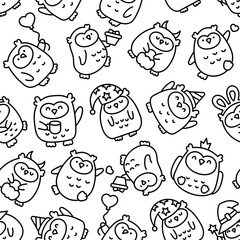 Cute kawaii owl. Seamless pattern. Coloring Page. Cartoon funny wild animals character. Hand drawn style. Vector drawing. Design ornaments.