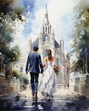 Watercolor background of a wedding couple walking in a fairy garden