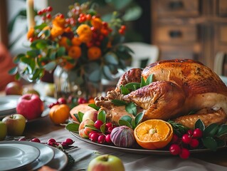 Bountiful Thanksgiving Feast with Roasted Turkey and Autumn Decor