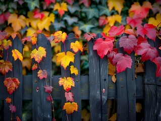 Rustic Autumn Fence Framed by Vibrant Fall Foliage and Climbing Ivy in Quaint Village Landscape