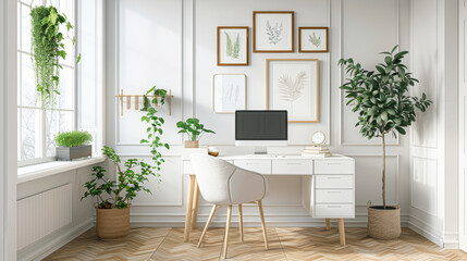 A white office with a desk, chair, and potted plants