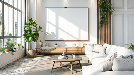 A large white wall with a white television and a large potted plant. The room is bright and airy, with a modern and minimalist design