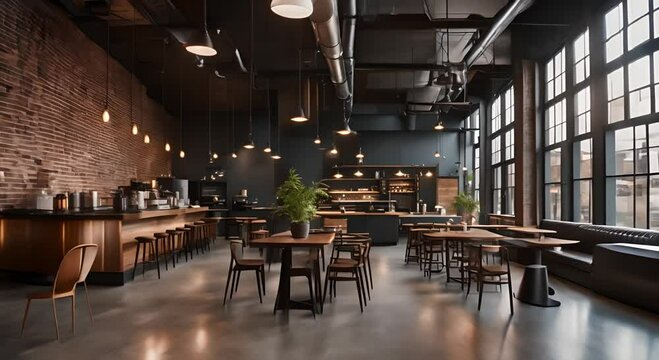 Cozy cafe shop interior with bar table and chairs in industrial style