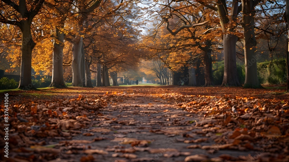 Sticker Tranquil Autumn Path Through a Vibrant Park Landscape