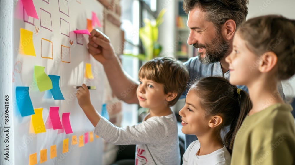 Poster group of people engaging in a creative brainstorming session with colorful sticky notes on a wall