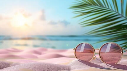  A pair of sunglasses rests atop a sandy beach, near a palm tree and a body of water The sun sets in the background, casting an orange and pink hue