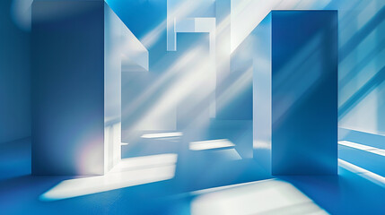 Blue and grey glossy squares abstract tech banner design. Modern abstract blue background design with layers of transparent material in square shapes in random geometric patterns.