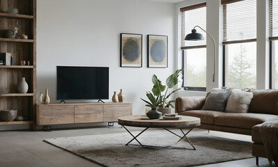 Modern living room with a comfortable leather sofa, wooden coffee table, and decorative plants creating a calm atmosphere