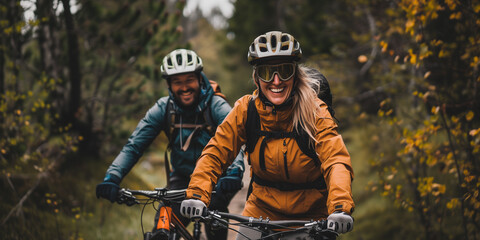 Fototapeta premium Cheerful active mature couple with bicycle in outdoor forest together having fun lifestyle. Perfect activities for sporty people. Happy mature couple riding bicycles in nature. Generative AI Technolog