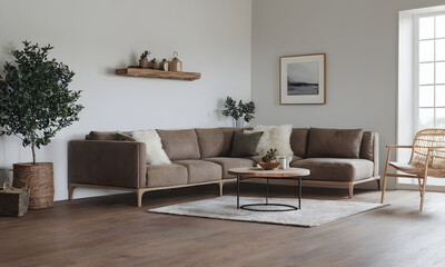 Elegantly designed living room interior featuring a comfortable sofa, wood furniture, and soothing neutral tones with ample natural light