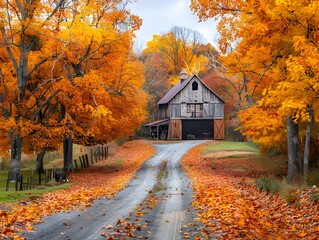 Fototapeta premium Scenic Country Road Winding Through Vibrant Autumn Foliage Leading to a Rustic Barn in a Picturesque Rural Landscape