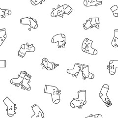 Cute kawaii socks cartoon character with different textures. Seamless pattern. Coloring Page. Hand drawn style. Vector drawing. Design ornaments.