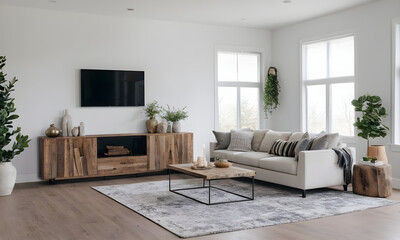 Bright and airy living room featuring an elegant sofa, wooden furniture, potted plants, and modern minimalist decor