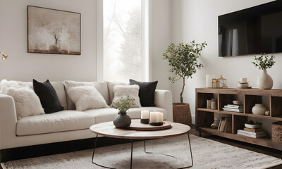 Inviting living room featuring a plush white sofa, chic black pillows, wooden furniture, and harmonious neutral decor elements