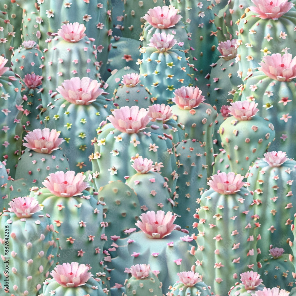 Poster seamless pattern of 3d-rendered pastel cacti and cactus flowers, arranged neatly in rows and lying f