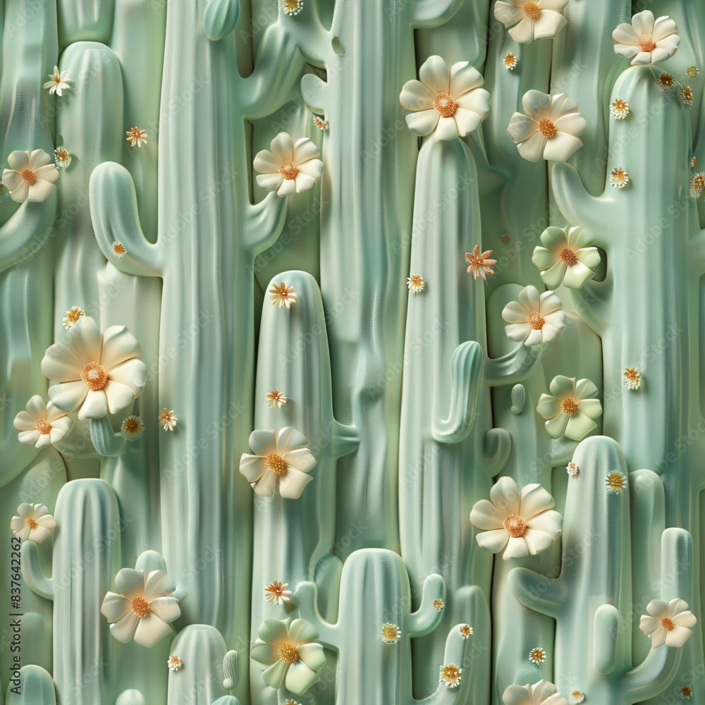 Aufkleber soft-hued 3d render of cacti and cactus flowers in a seamless pattern, perfectly aligned in rows and