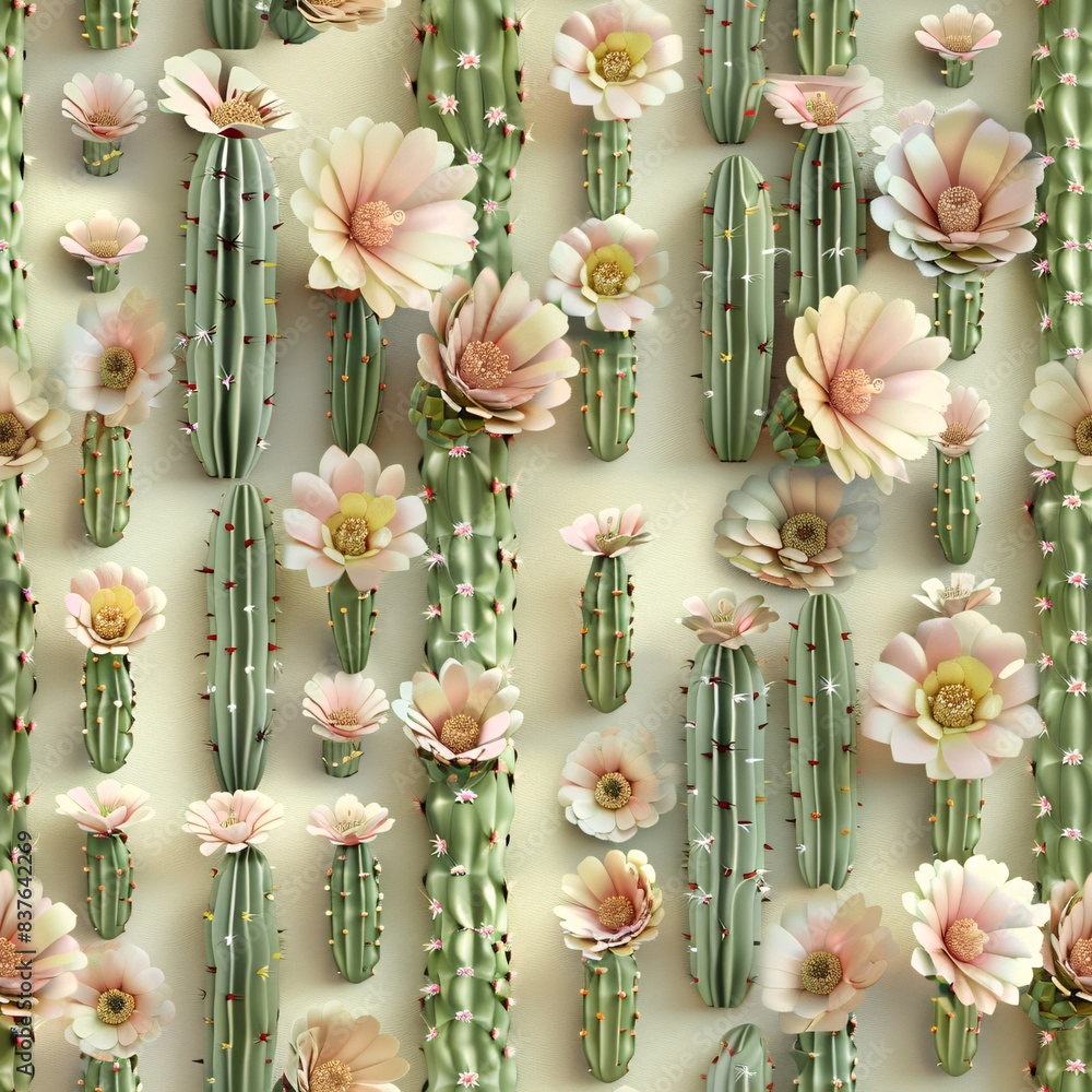 Aufkleber soft-hued 3d render of cacti and cactus flowers in a seamless pattern, perfectly aligned in rows and