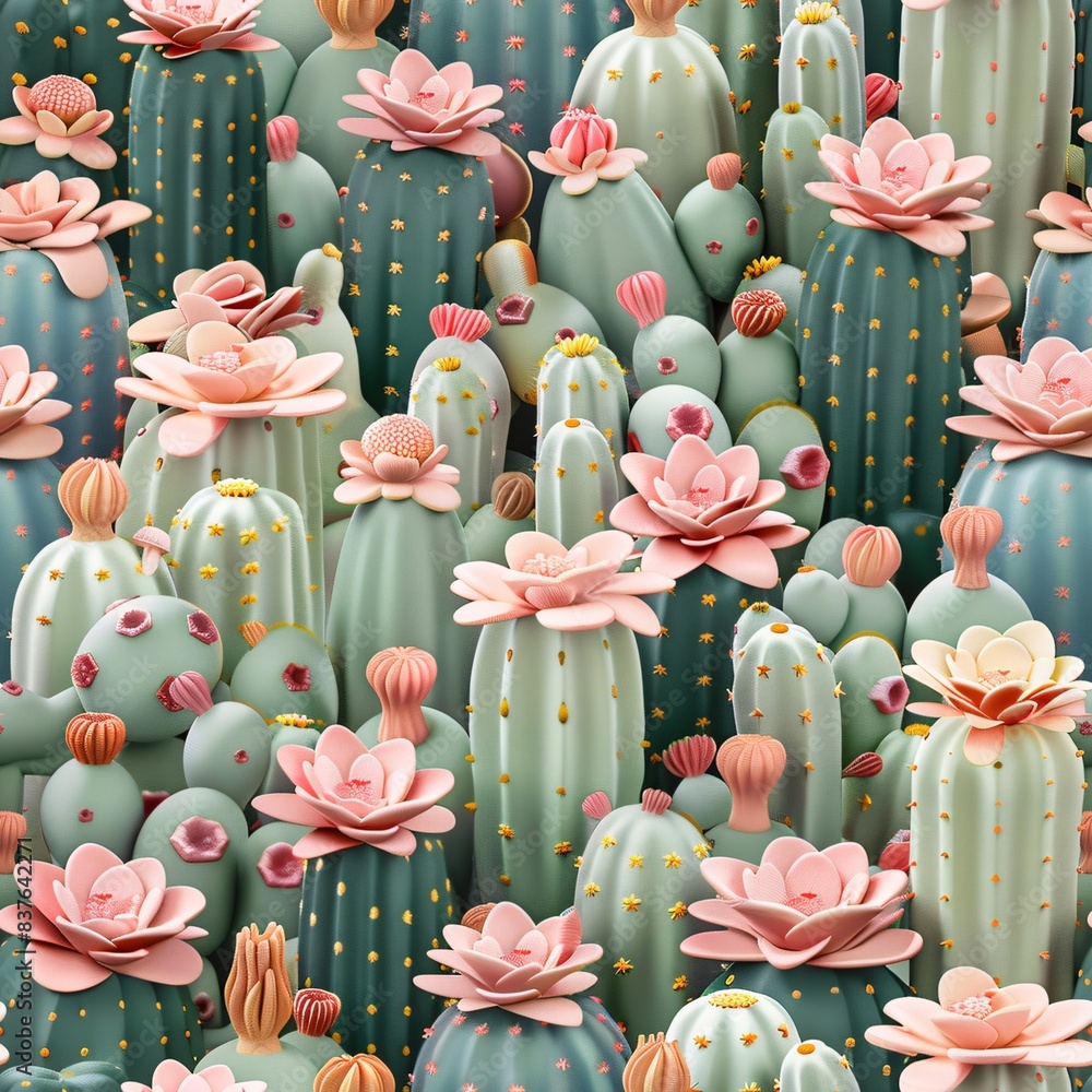 Poster seamless pattern of 3d-rendered pastel cacti and cactus flowers, arranged neatly in rows and lying f