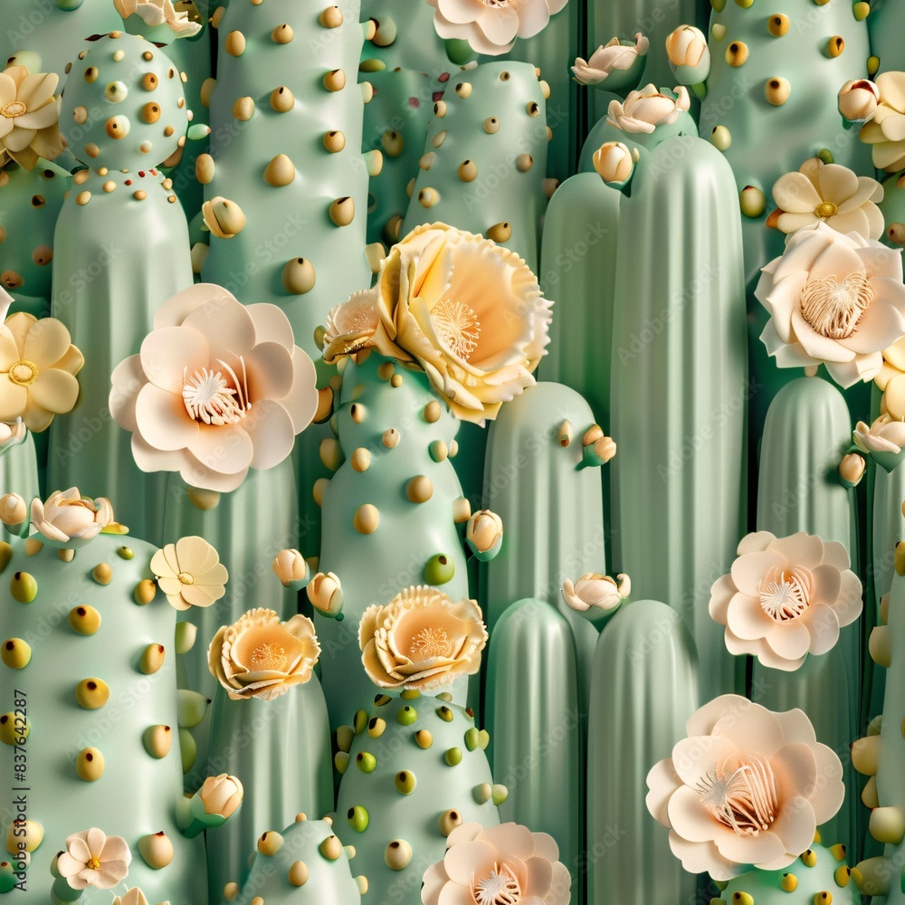 Aufkleber soft-hued 3d render of cacti and cactus flowers in a seamless pattern, perfectly aligned in rows and