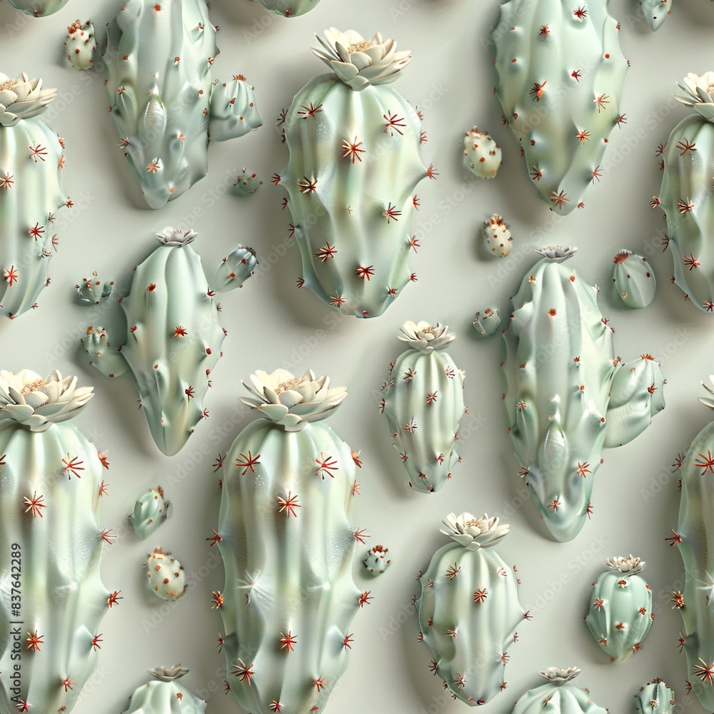 Aufkleber soft-hued 3d render of cacti and cactus flowers in a seamless pattern, perfectly aligned in rows and
