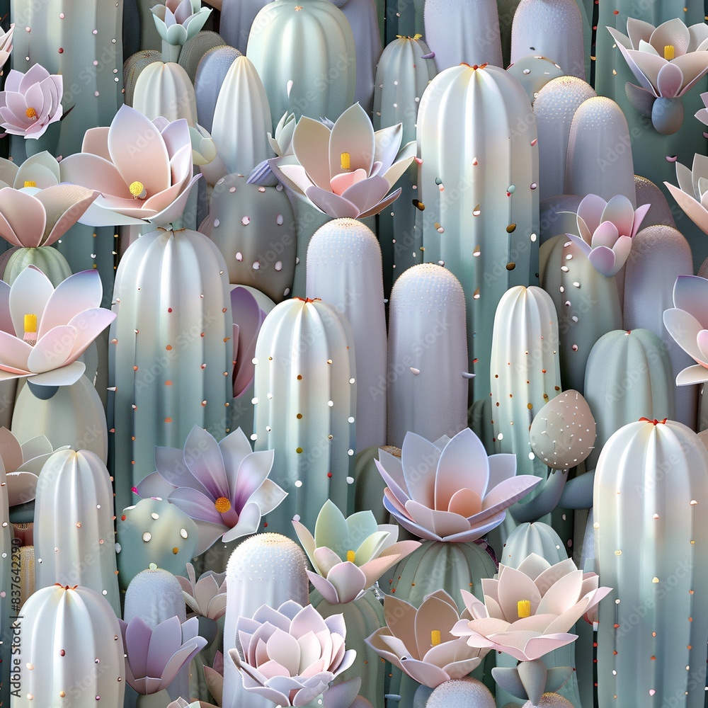 Aufkleber pastel-colored cacti and delicate cactus flowers in a seamless 3d render, arranged in rows and lying