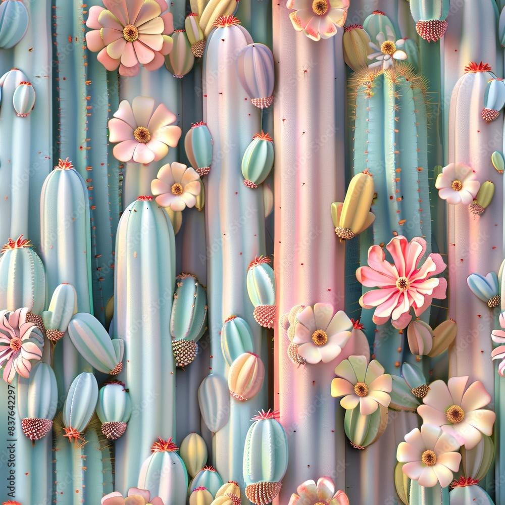 Aufkleber pastel-colored cacti and delicate cactus flowers in a seamless 3d render, arranged in rows and lying